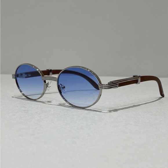 NEW Retro Silver Oval Metal Sunglasses with Light Blue Lens OS - Picture 3 of 4